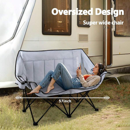 Double Camping Loveseat,  Heavy-Duty Portable With Strap & Cup Holders