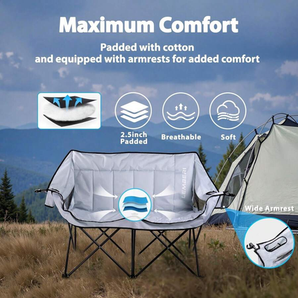 Double Camping Loveseat,  Heavy-Duty Portable With Strap & Cup Holders